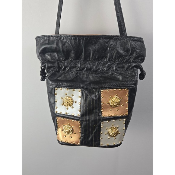 Authentic Original Vintage Style Handbags - Vintage Black Leather Studded Medallion Bucket Bag Shoulder Purse Mixed Metal